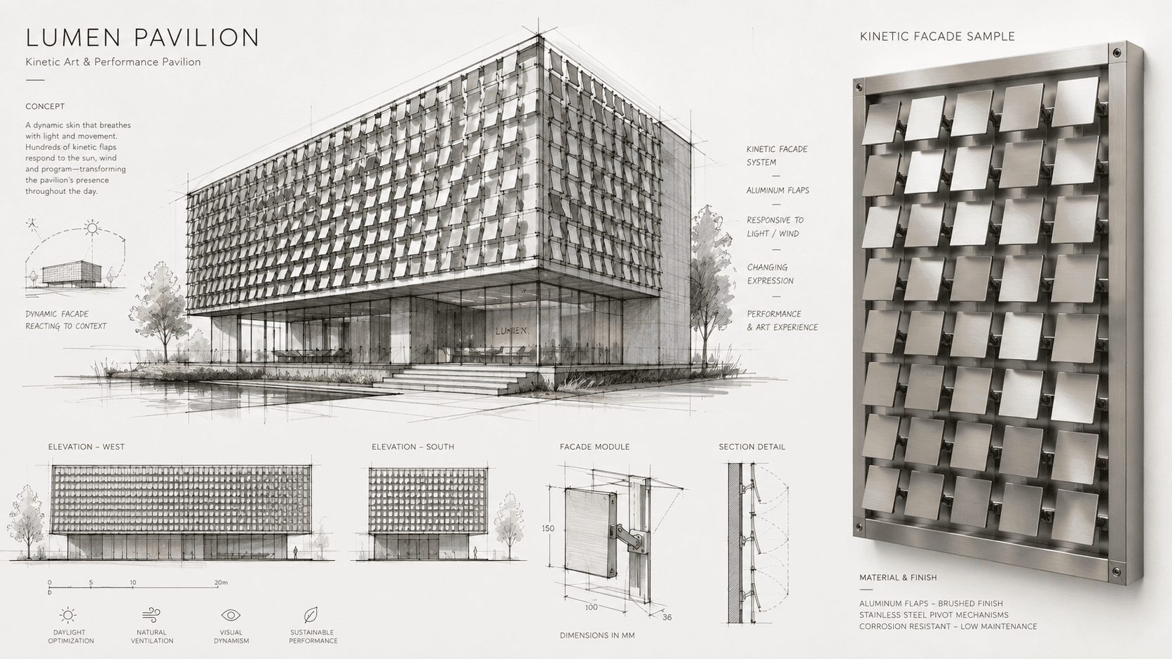 Customized kinetic facade architectural concept elevations module and sample panel