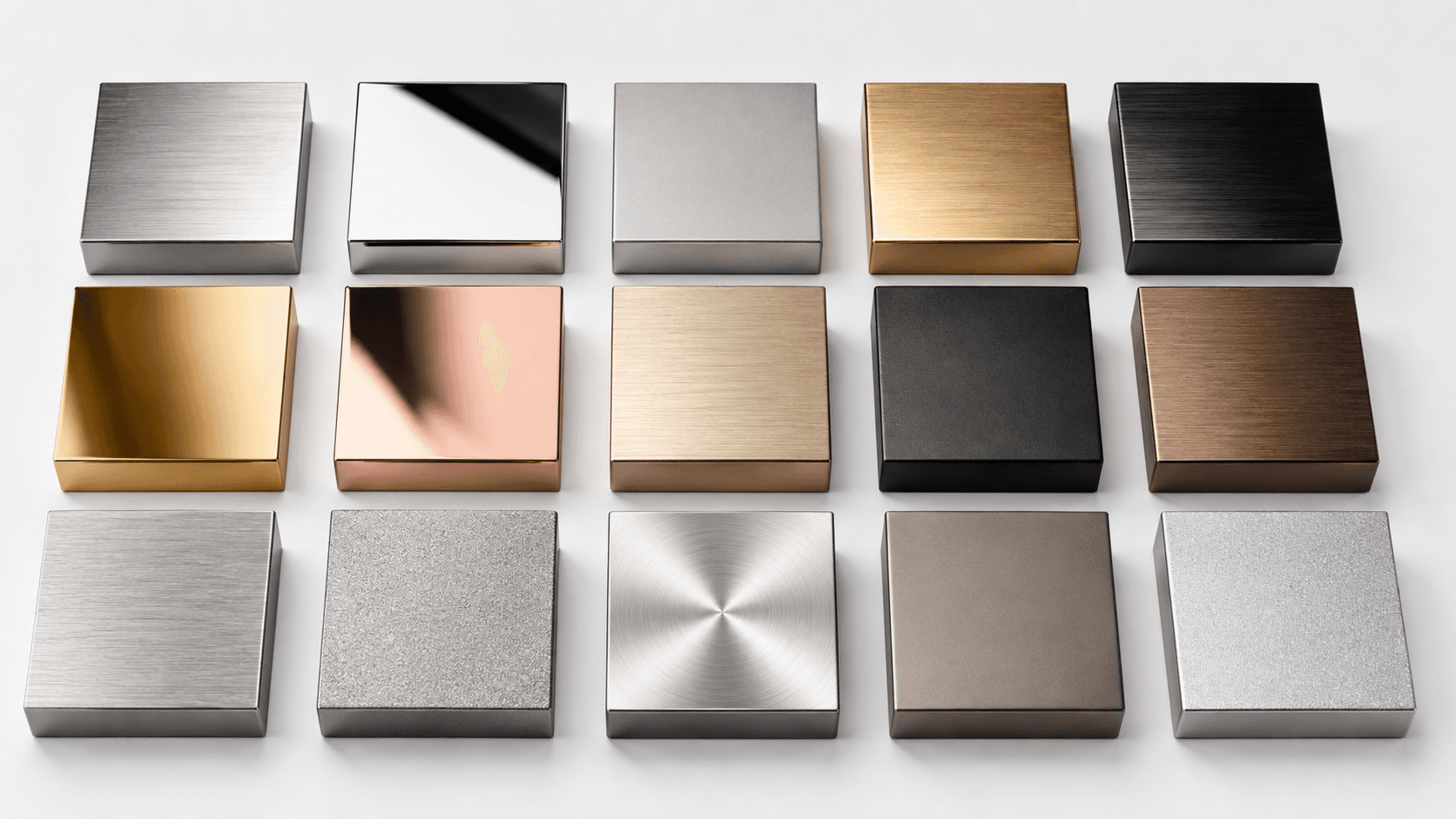 Metal material and finish samples in brushed mirror gold bronze black and textured surfaces