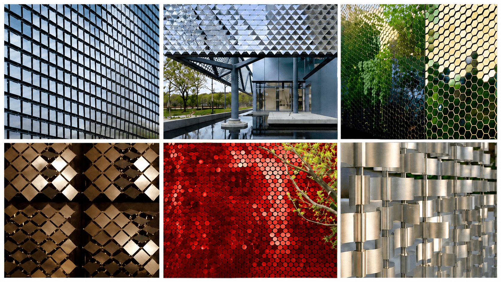 Six customizable kinetic facade panel shapes including rectangular triangular hexagonal rhombus and round forms