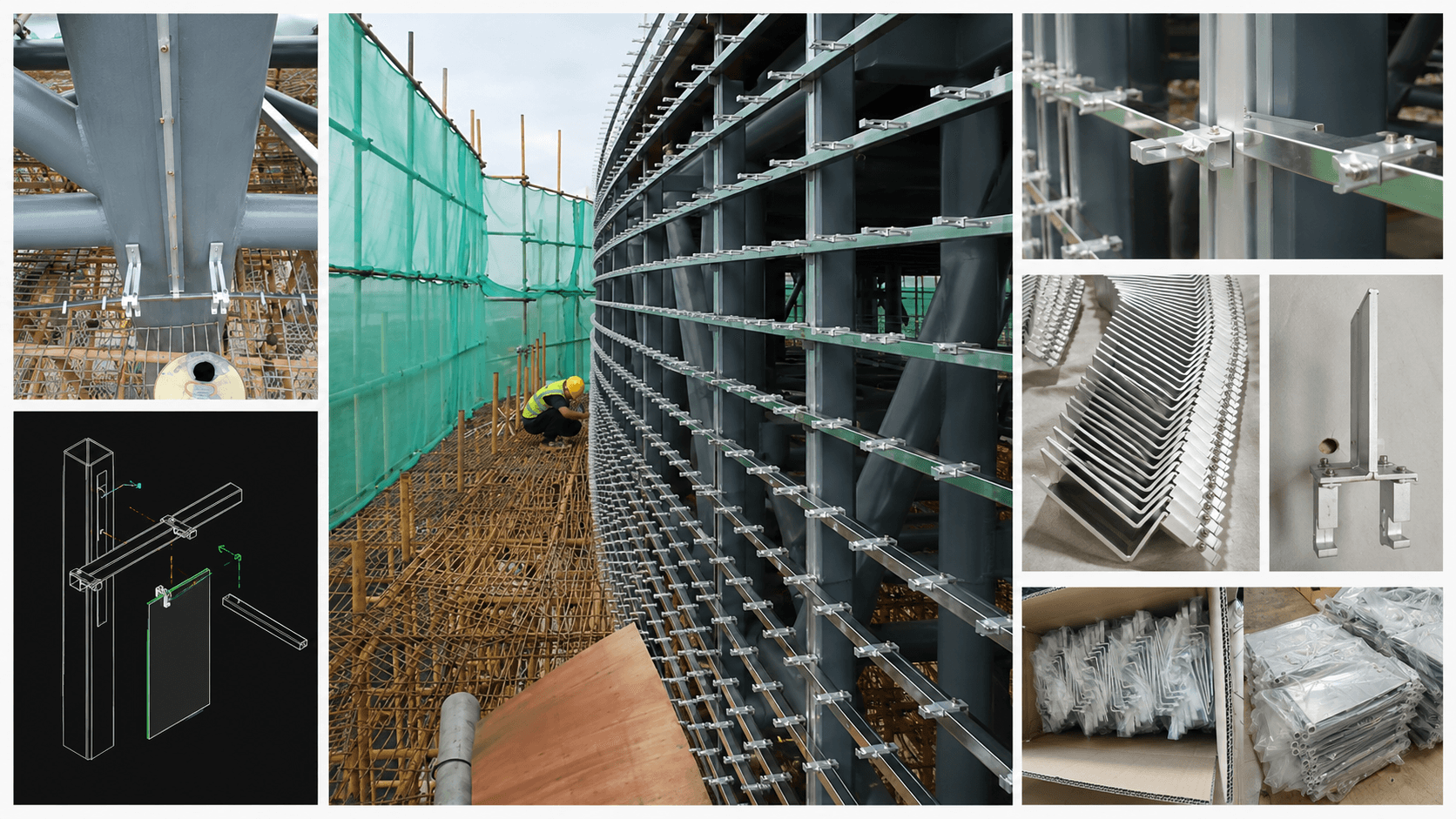 Kinetic facade supporting frame connection components and installation details