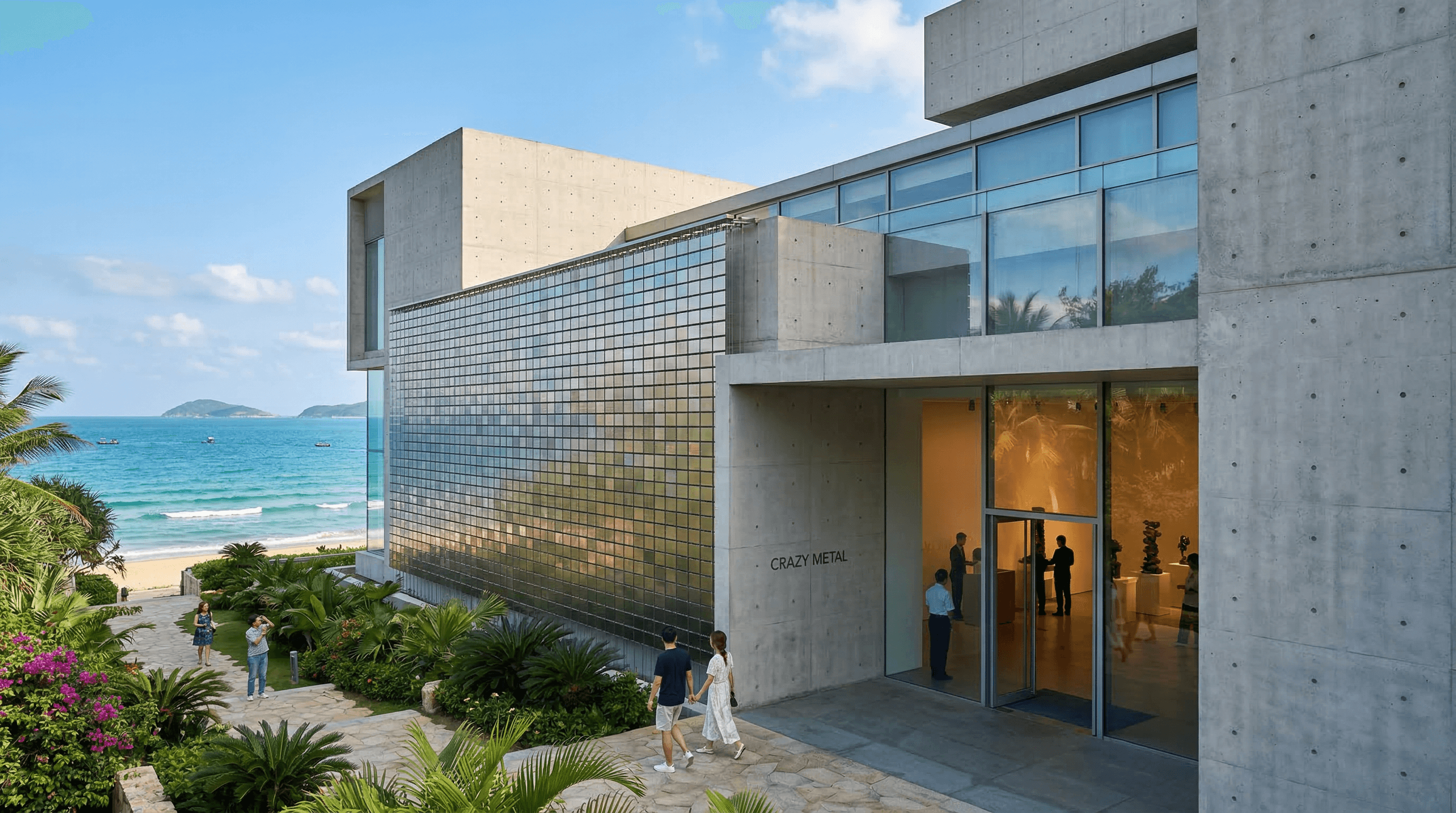 Coastal architectural project with a reflective kinetic metal facade beside the sea