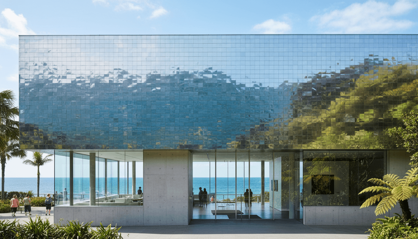 Tropical coastal building with a reflective kinetic facade responding to sunlight