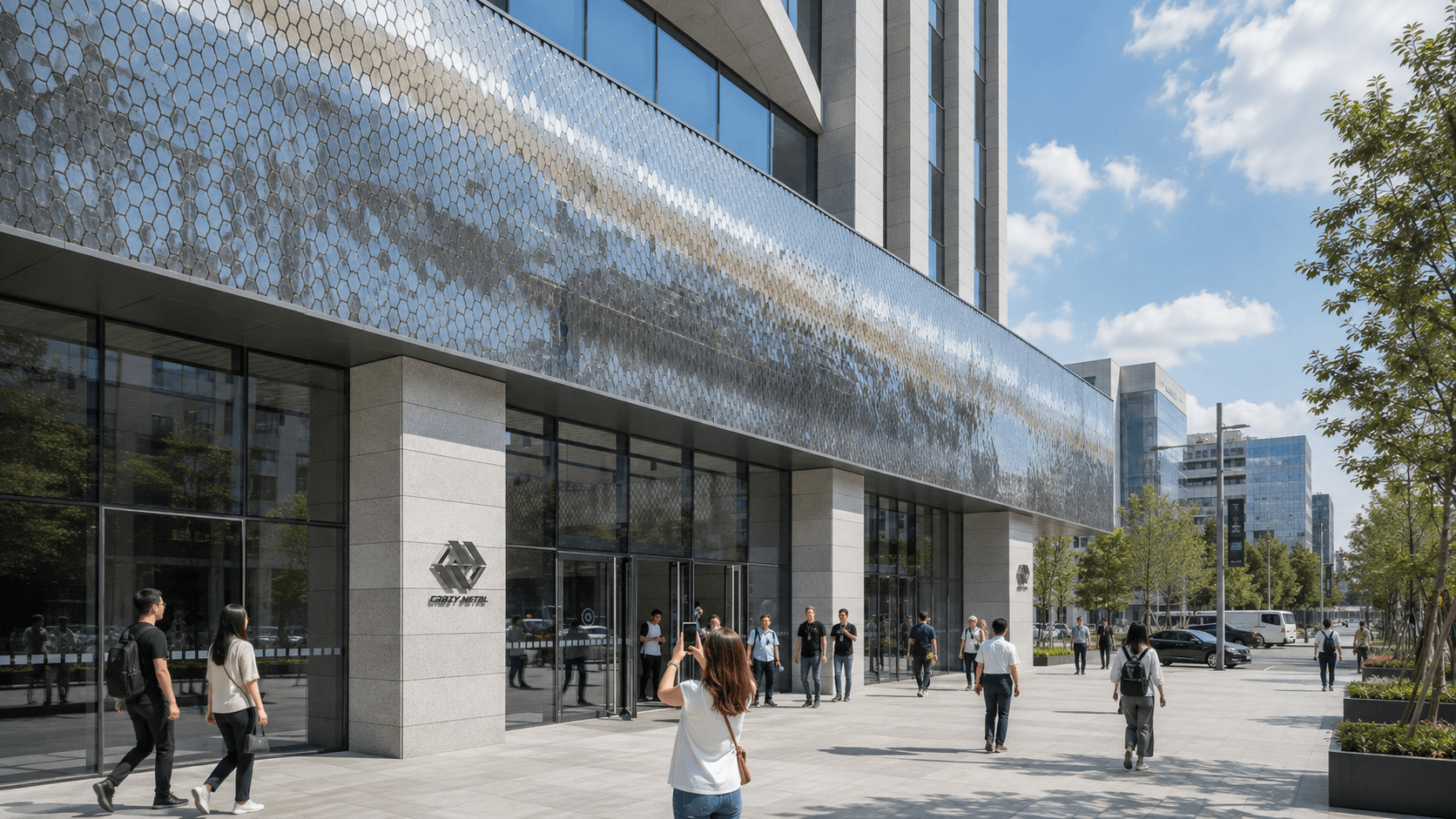 Urban commercial building with a custom reflective kinetic metal facade