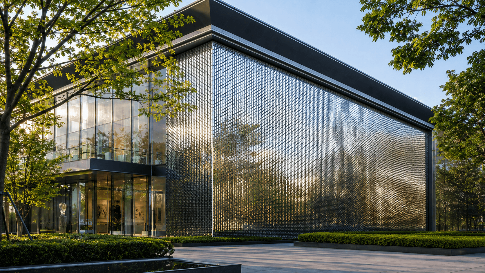 Architectural kinetic metal facade with a reflective panel detail