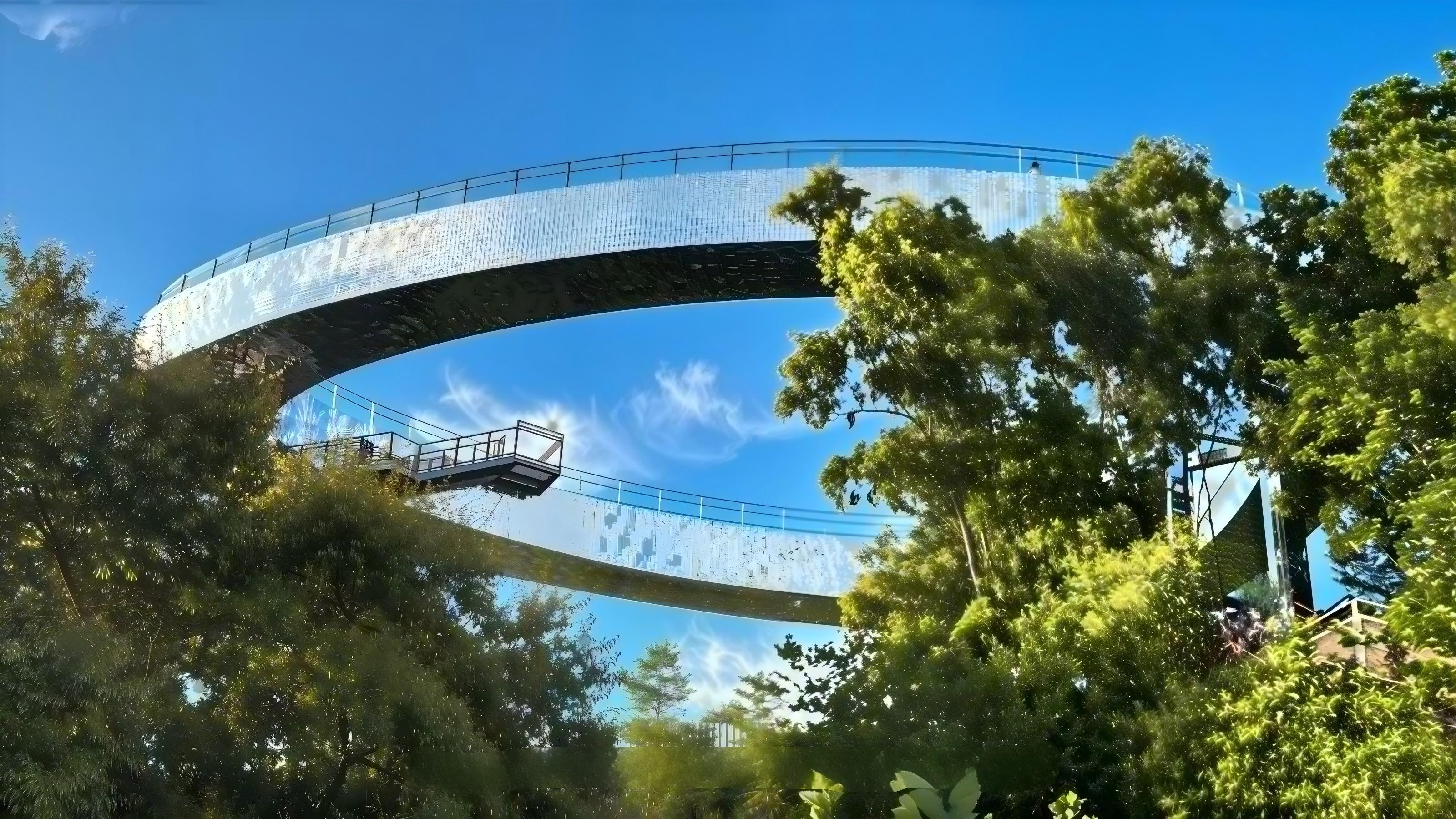 Cultural public project elevated landscape walkway with reflective kinetic facade cladding
