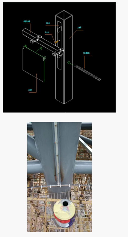 Kinetic facade panel connection drawing and installed connection detail for a cultural public project