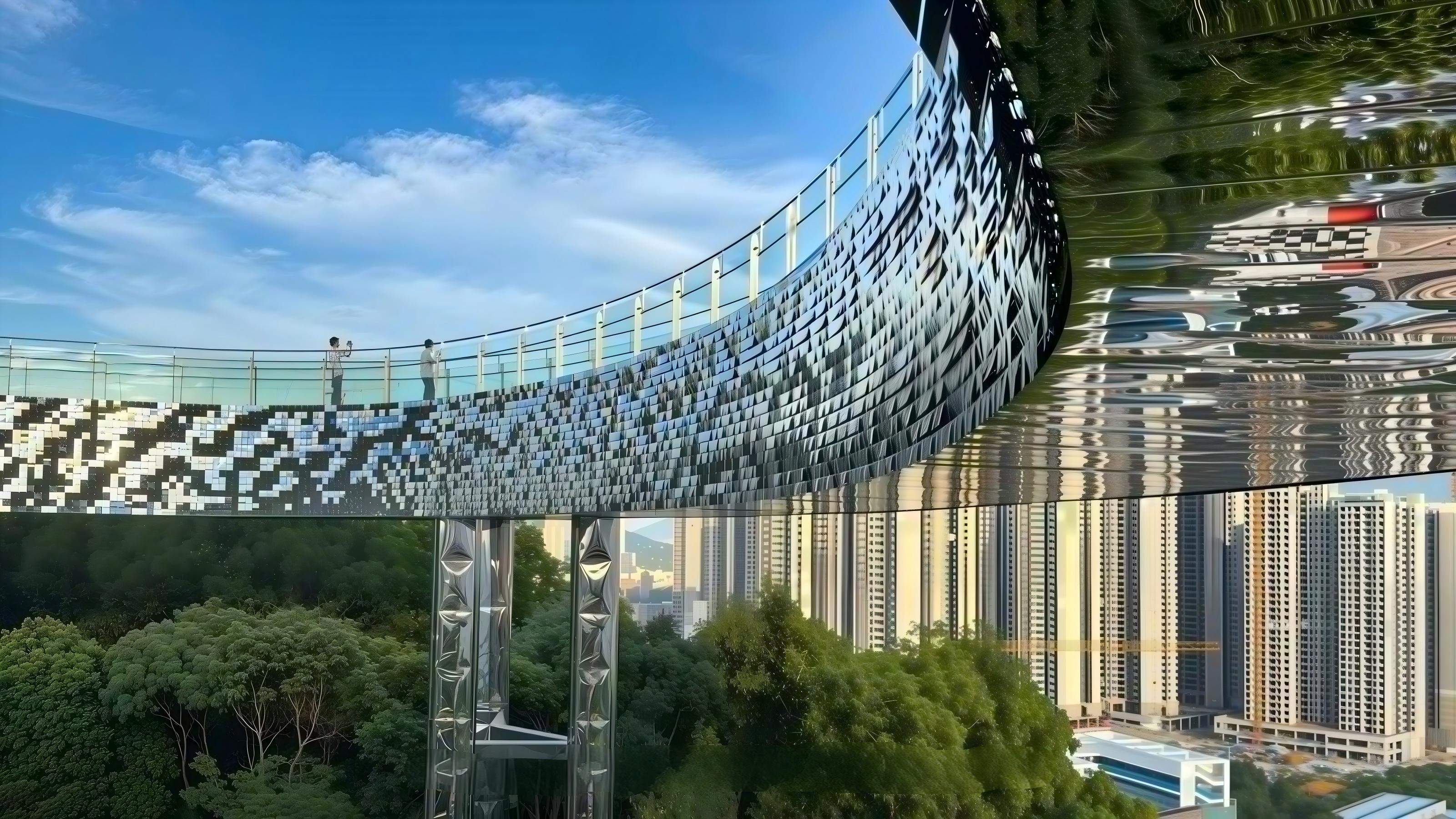 Cultural public project curved walkway with reflective kinetic facade surface